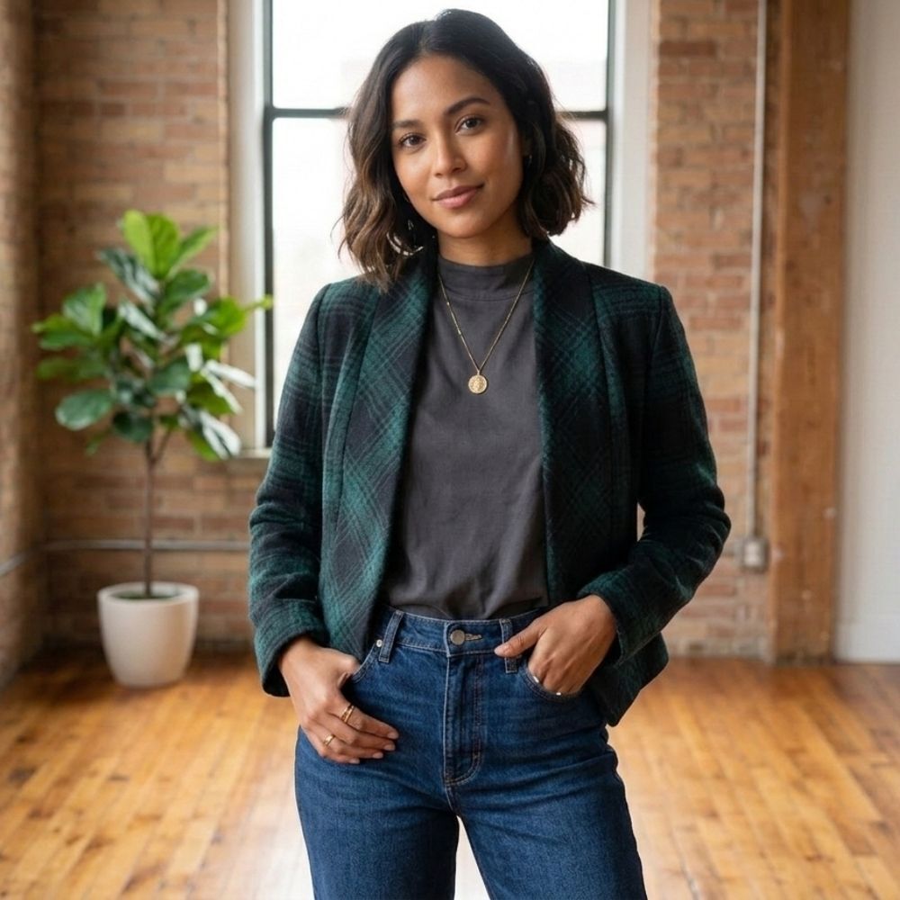 Bb Dakota Cropped Plaid Blazer Jacket - Classic Open Front Style
